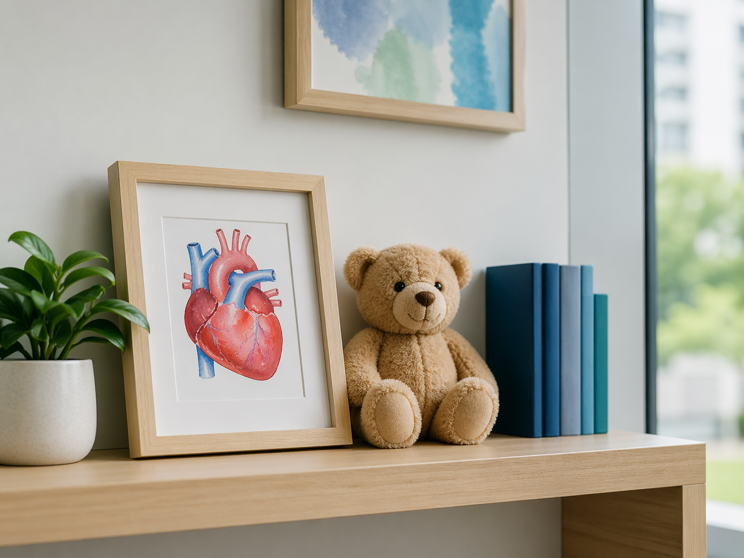 Estante del consultorio con una ilustración en acuarela de un corazón, un osito de peluche y libros