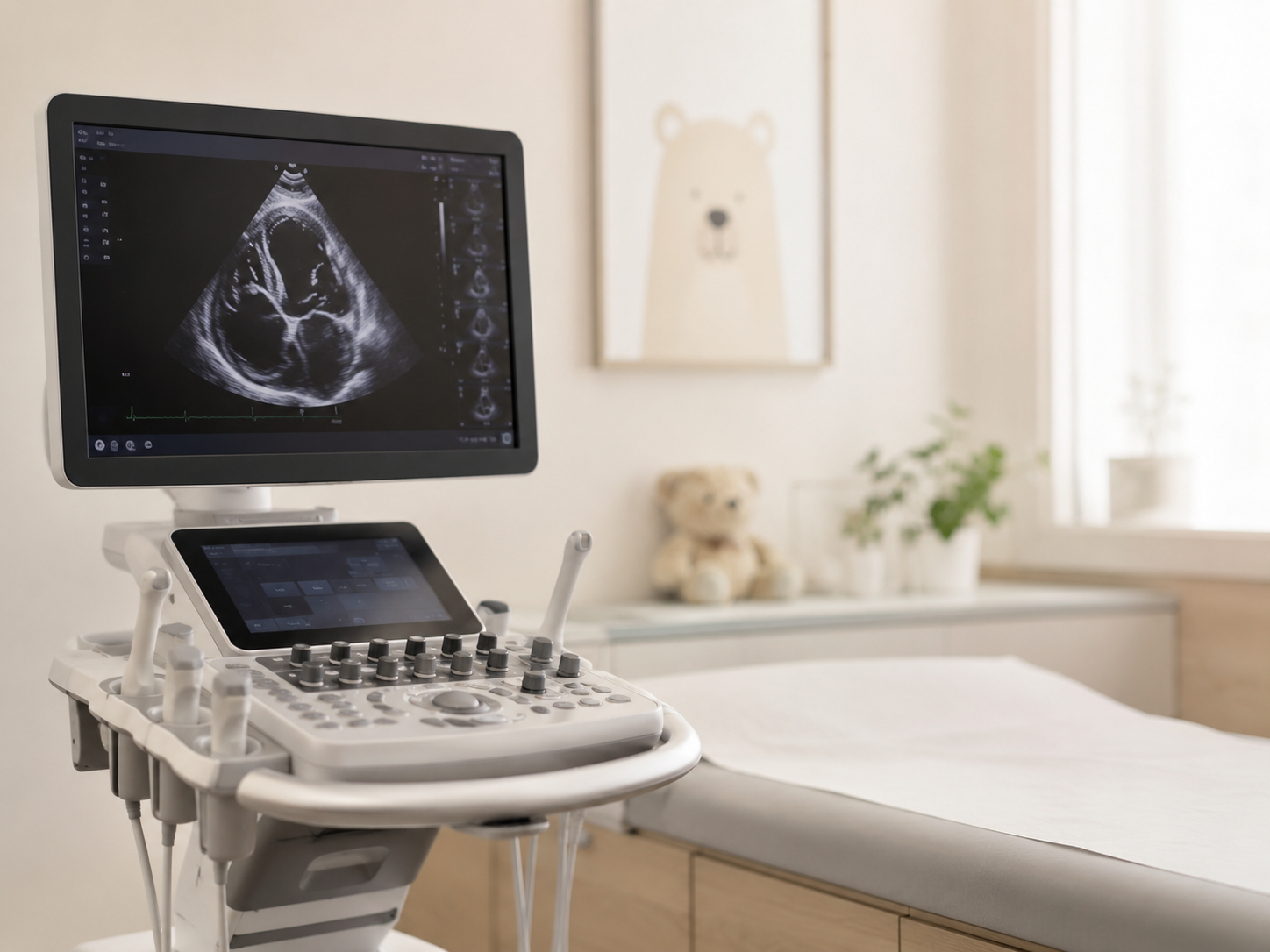 Primer plano de un equipo de ultrasonido pediátrico con sondas neonatal y pediátrica